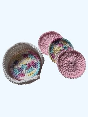 Crocheted Cotton Round Face Scrubbies-Set Of 5 With Holder-White,Pink,Pastels